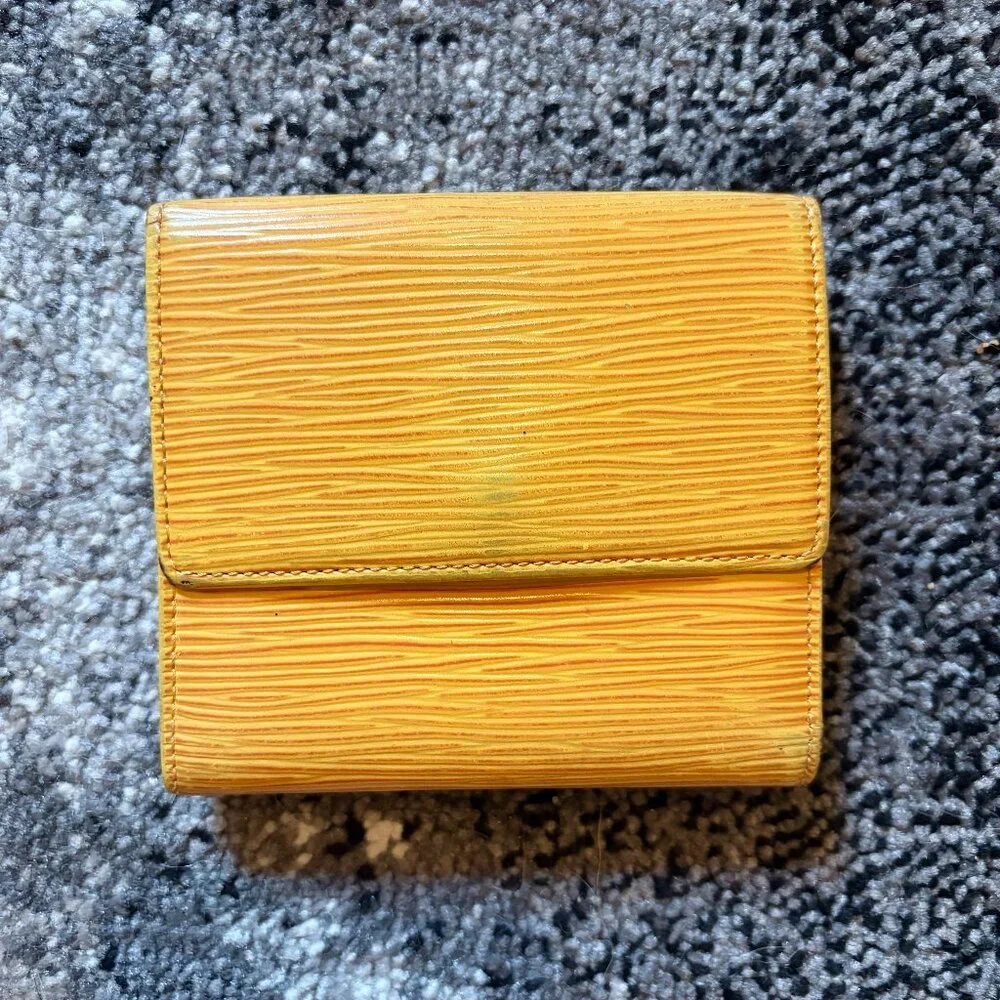 '93 Vintage LV Elise Compact Trifold Wallet in Yellow Epi + Purple Taiga Leather